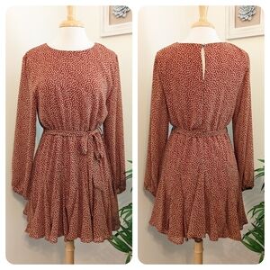 She + Sky Rust Red Orange Long-Sleeve Tie-Waist Ruffle Mini Dress Large